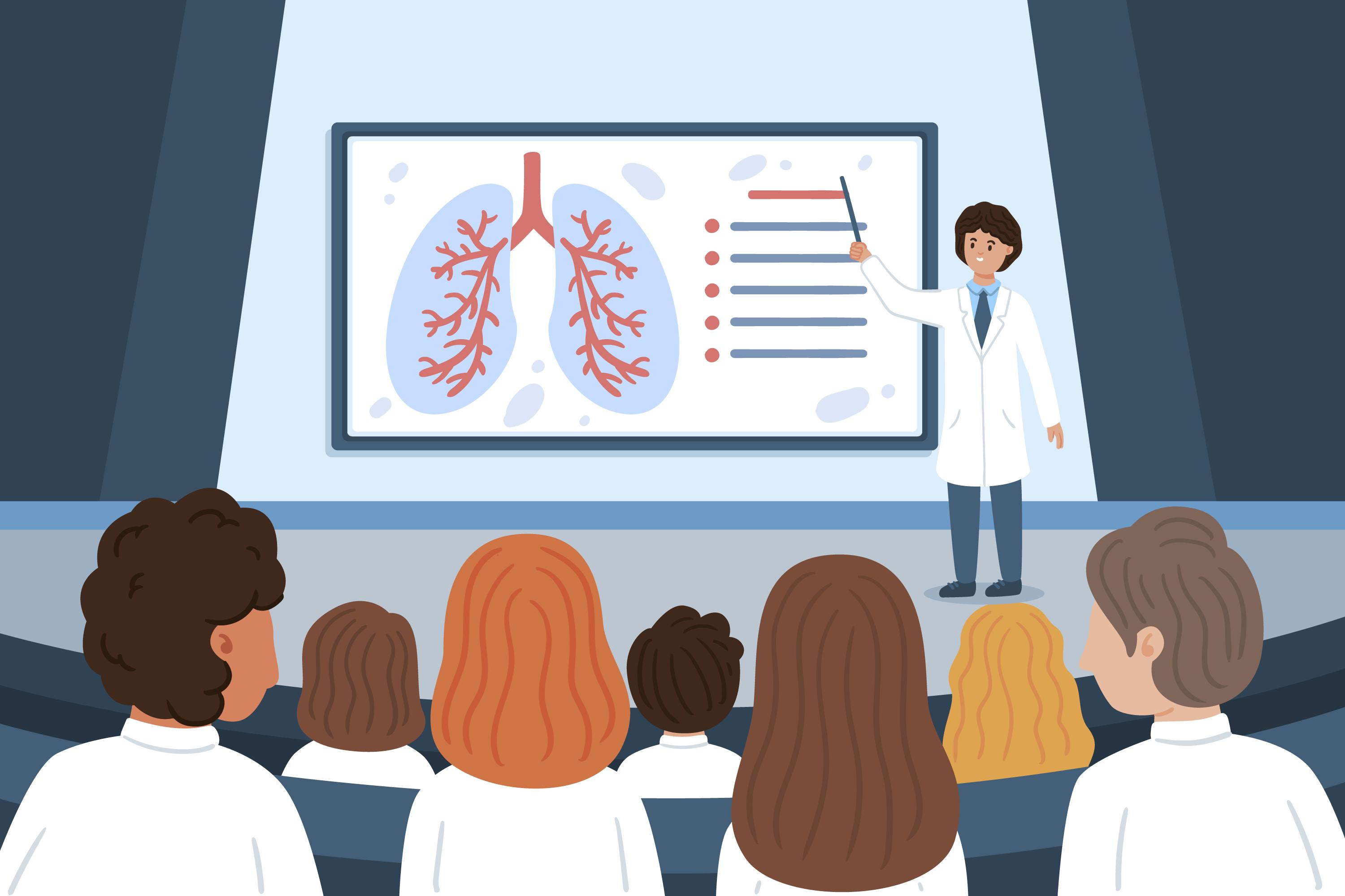 Doctor explaining pulmonary function test results with lung diagram to patients in Bay City Michigan